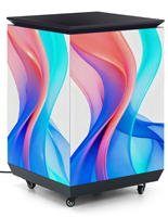 Three-sided digital signage totem with included storage case