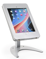 Countertop iPad Pro tablet holder stand in powder-coated silver