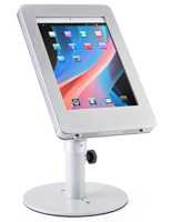 Silver adjustable countertop iPad stand with hidden home button