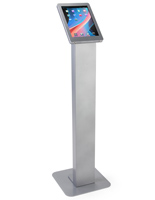 Silver rotating standing iPad floor kiosk with powder-coated steel base