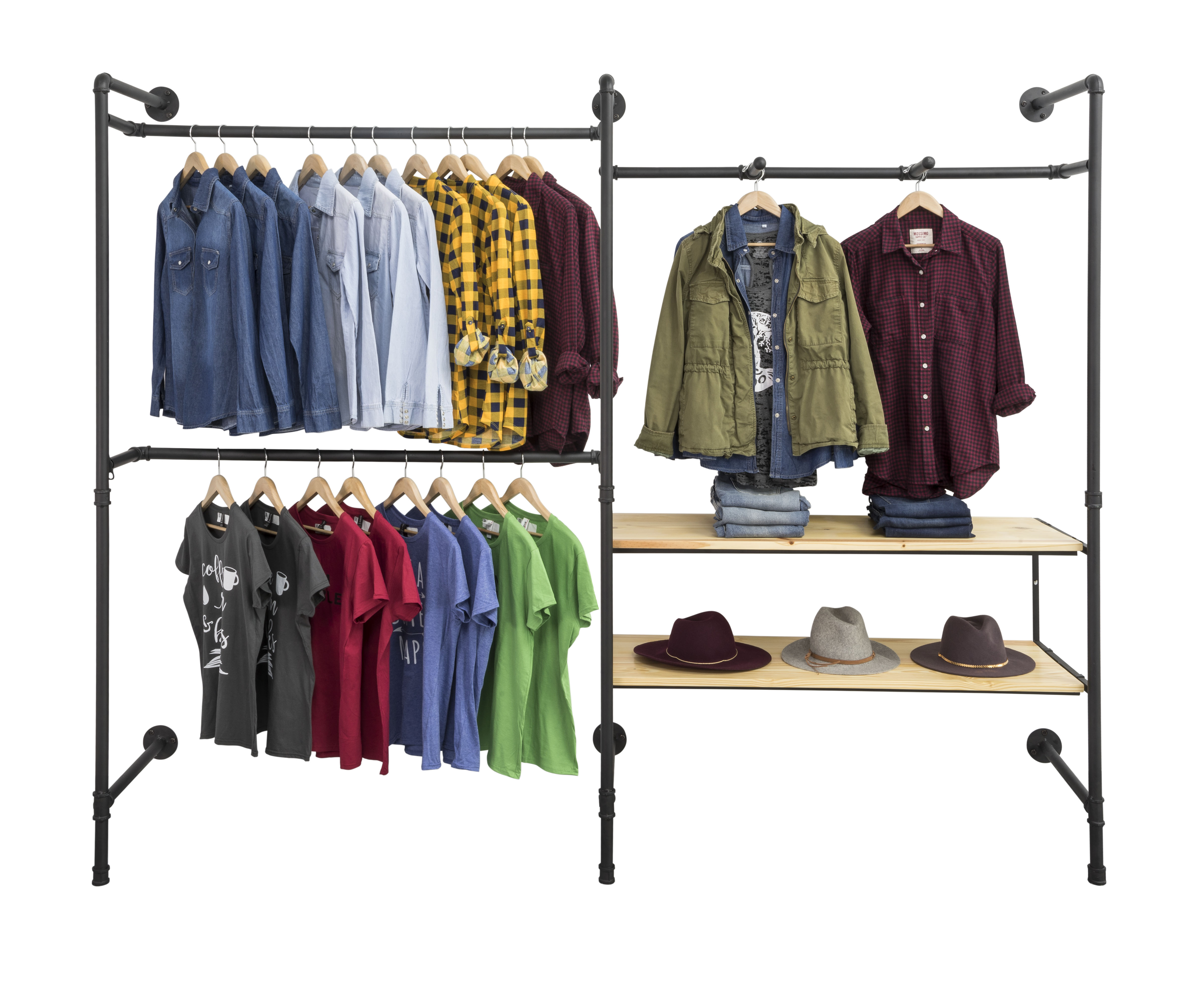 Wall Mounted Pipeline Display, 2 Shelves, 1 Dual Spoke Bar, 2 Hanger Racks – Natural - Image 2