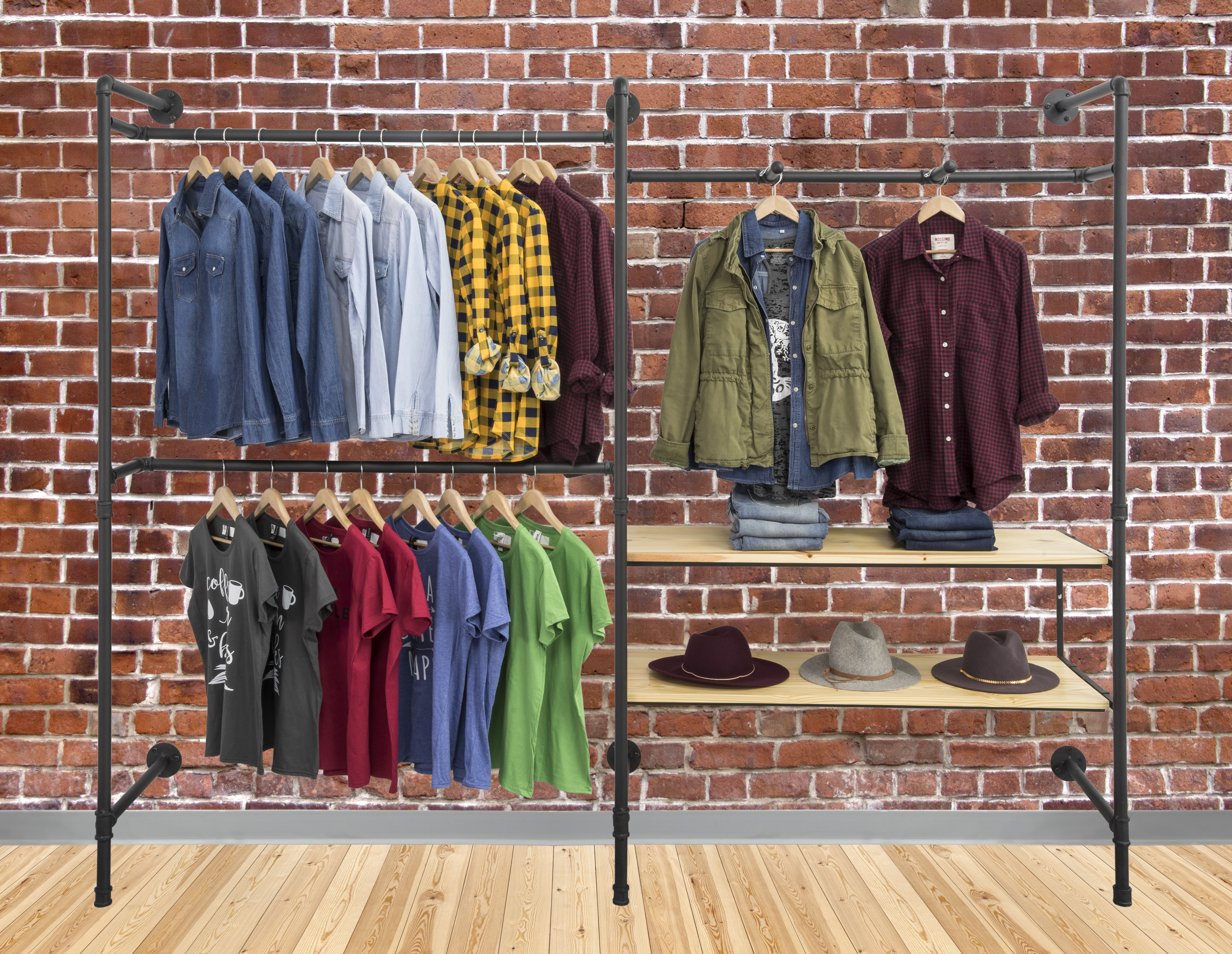 Wall Mounted Pipeline Display, 2 Shelves, 1 Dual Spoke Bar, 2 Hanger Racks – Natural - Image 3