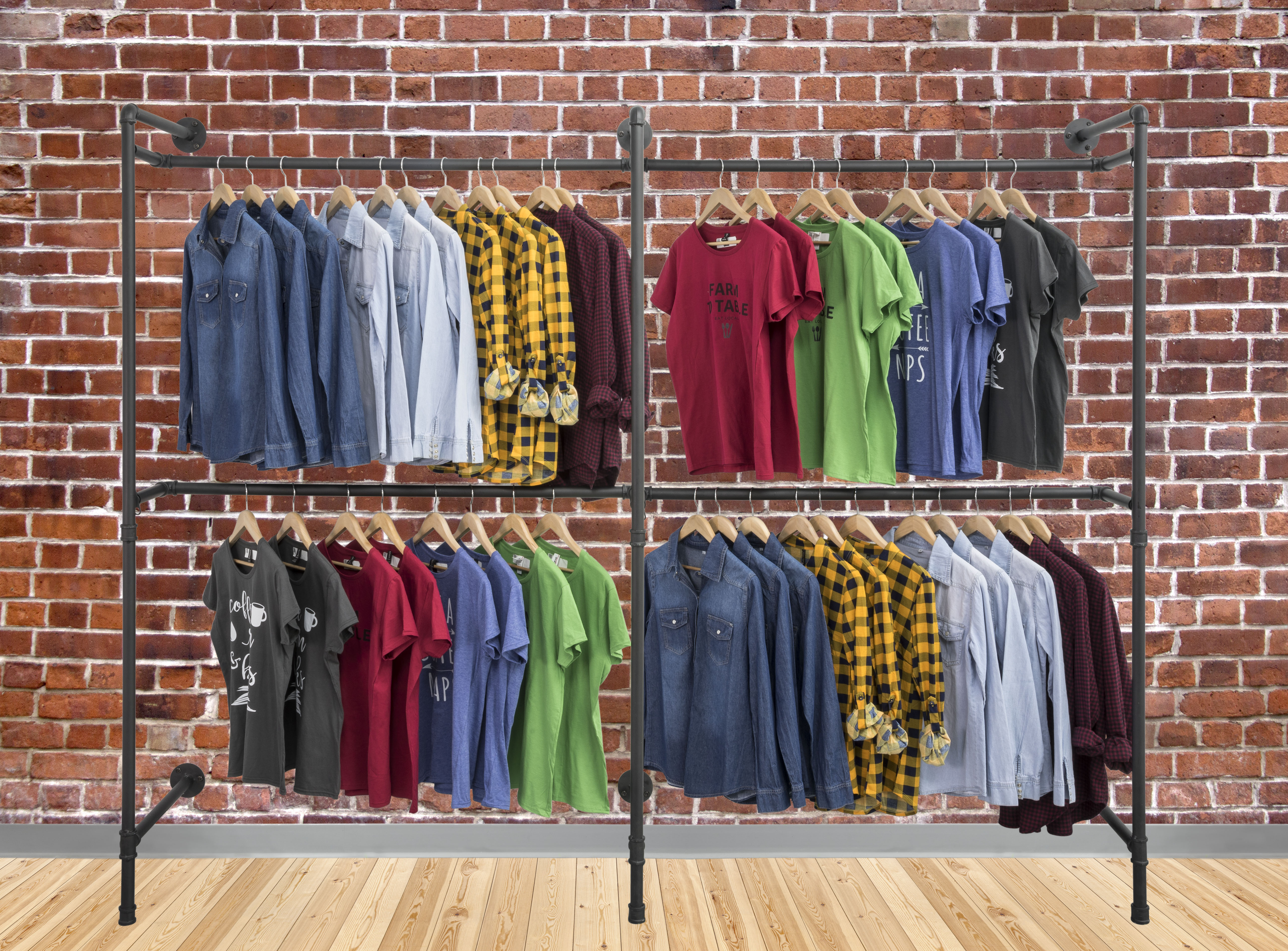 Wall Mounted Dual Pipeline Display, 4 Clothing Hanger Racks – Black - Image 3