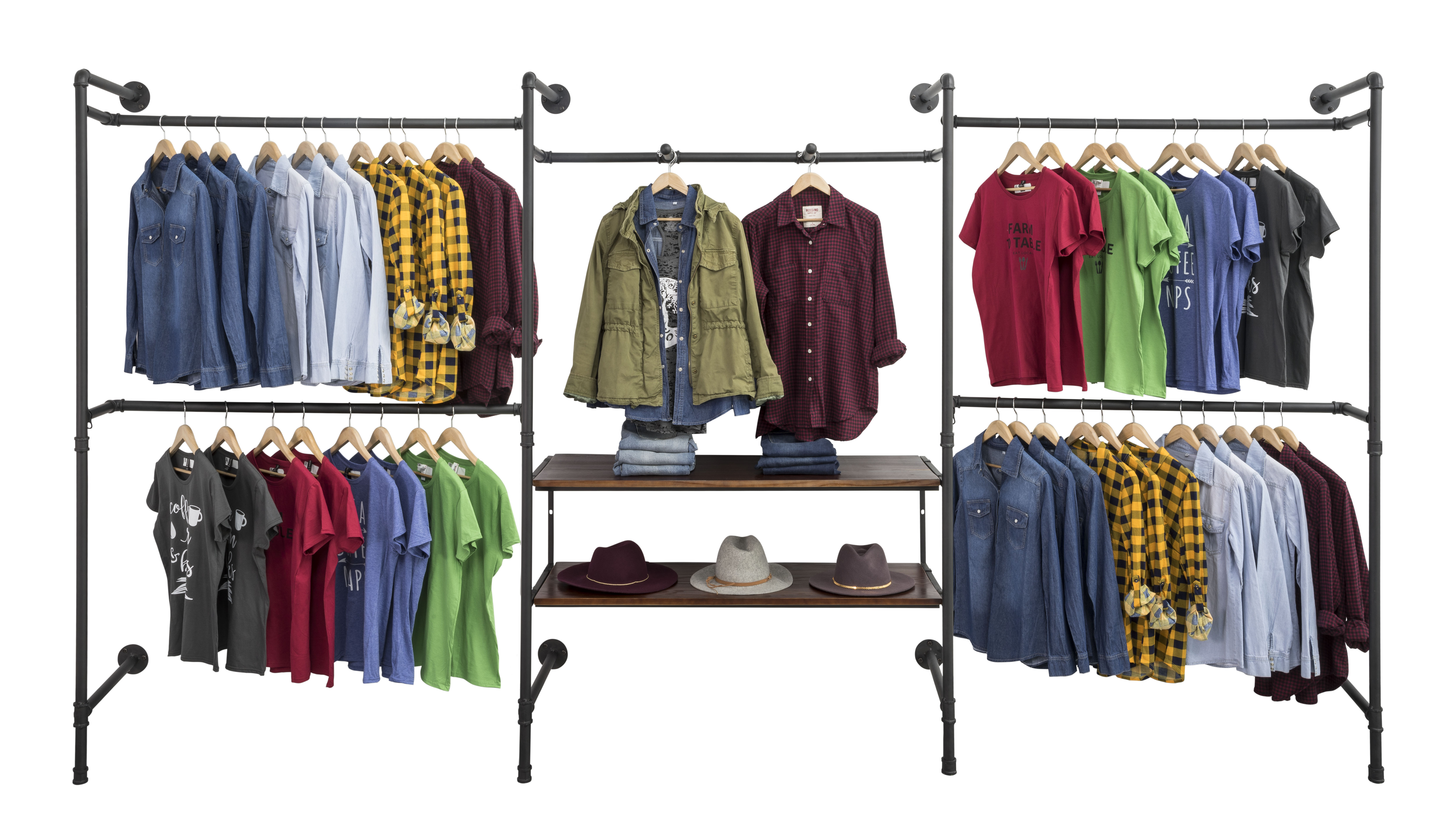 Wall Mounted Pipeline Display, 2 Shelves, 1 Dual Spoke Bar, 4 Hanger Racks – Brown - Image 2