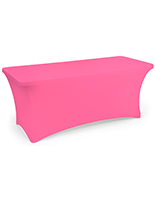 Pink stretch table cloth features a fitted skirt design 