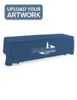Navy blue open back tablecloth with white imprint