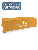 Gold open back tablecloth with white vinyl imprint