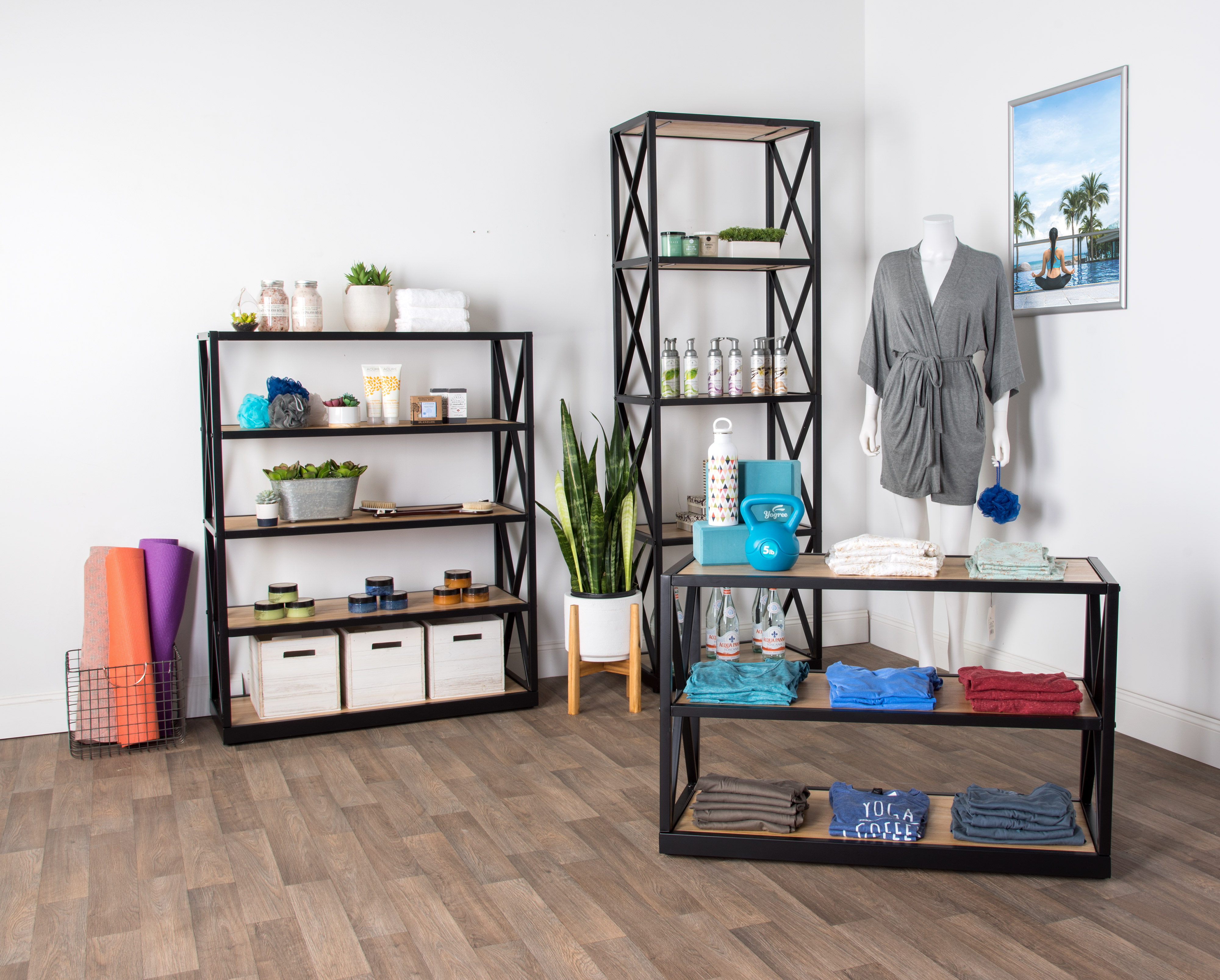 Tall Steel Frame X-Sided Shelving Unit with 5 Solid Wood Tiers - Natural - Image 6