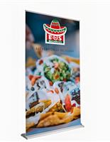 Silver Step pull up banner stand with custom graphics.