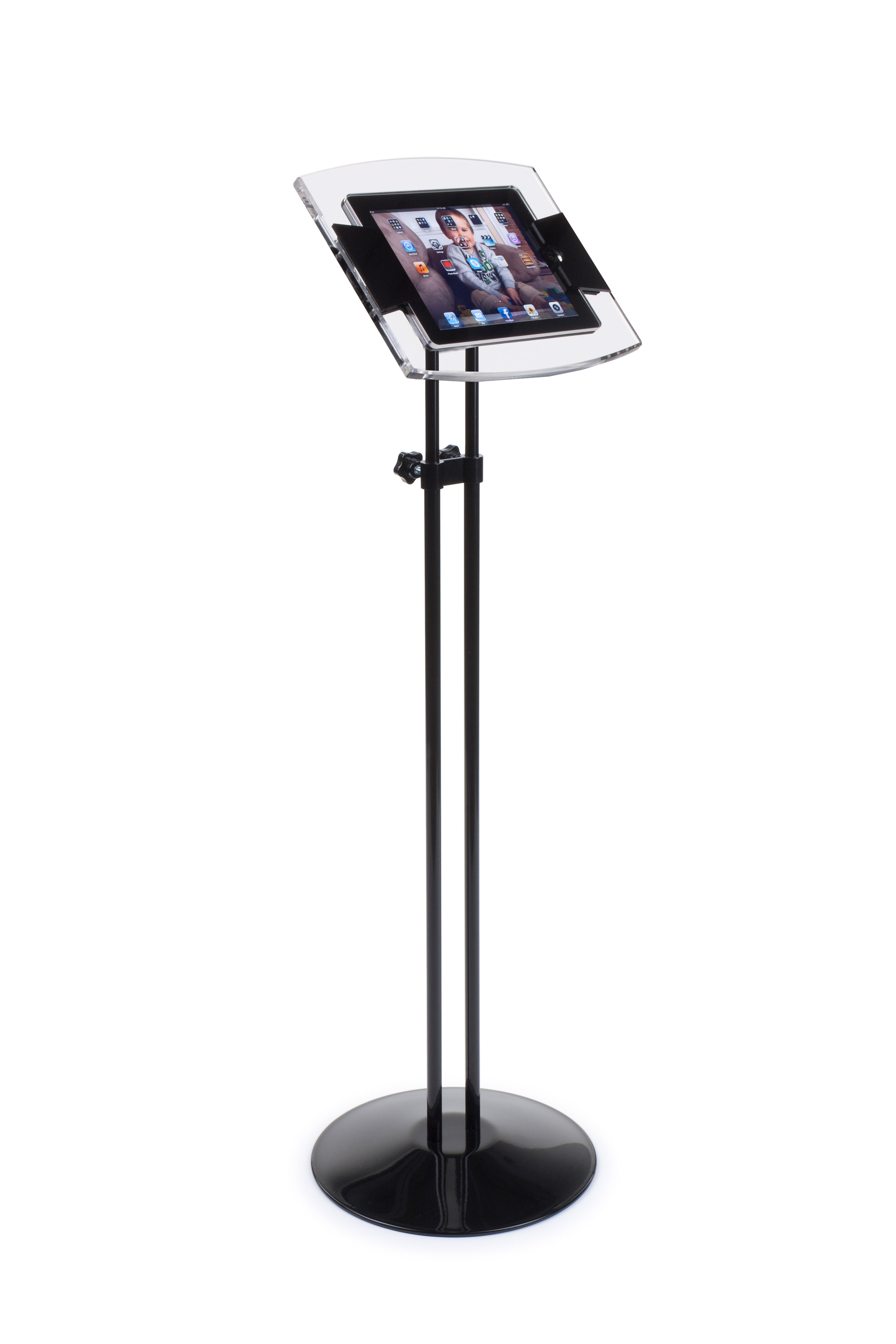 Adjustable iPad Floor Stand w/ Acrylic Enclosure, Tilting Bracket WITHOUT Lock - Image 2
