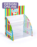 Three tier printed acrylic display shelves features header and side graphics