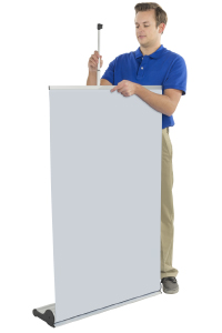 Adjustable banner stands with telescoping poles