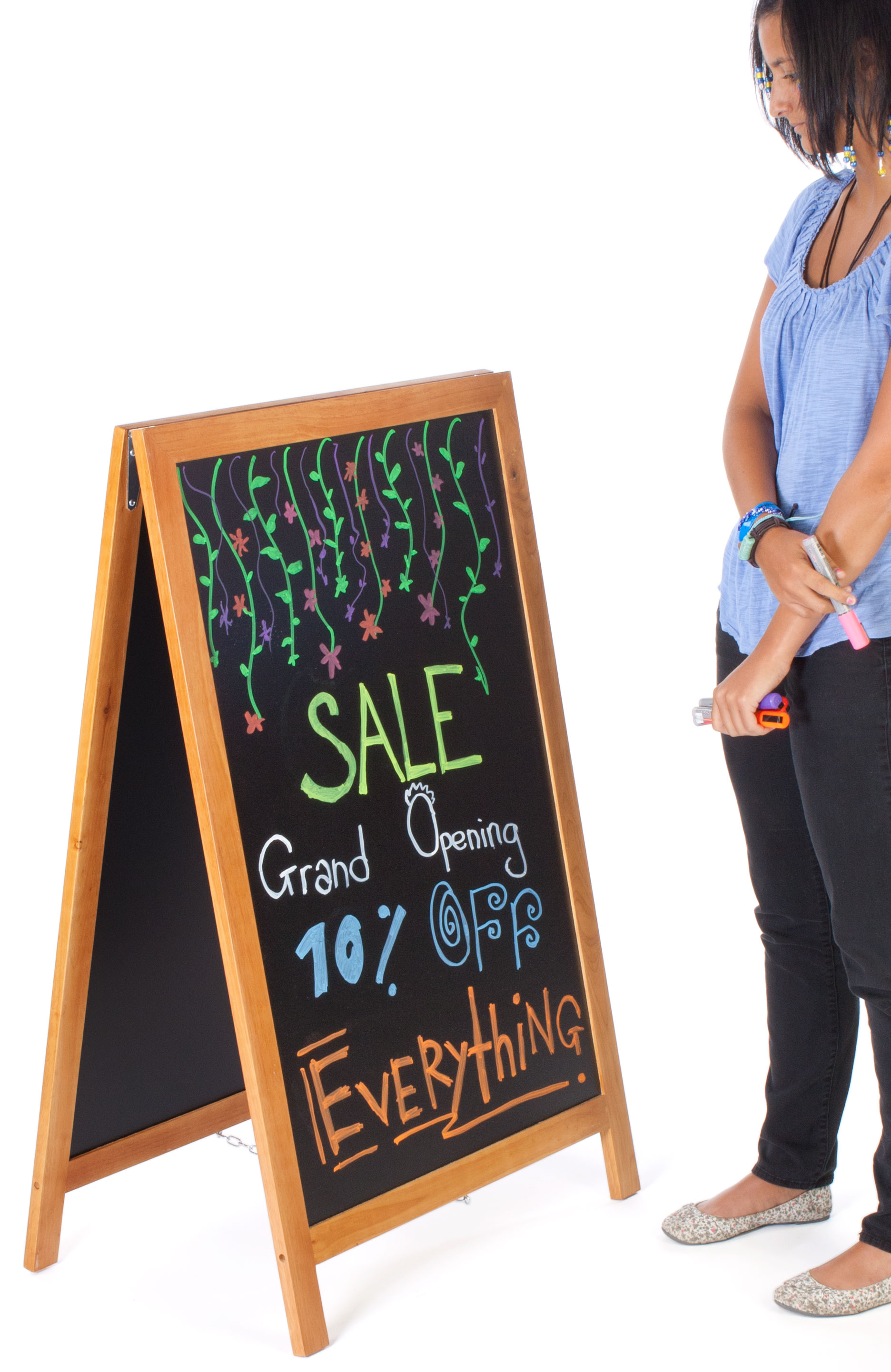 24" x 36" A-Frame Sidewalk Sign, Chalkboard & Wet Erase, Double Sided - Teak - Image 3