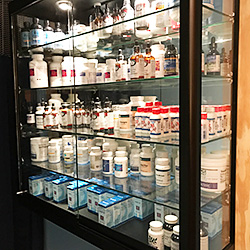 Wall display case filled with retail merchandise