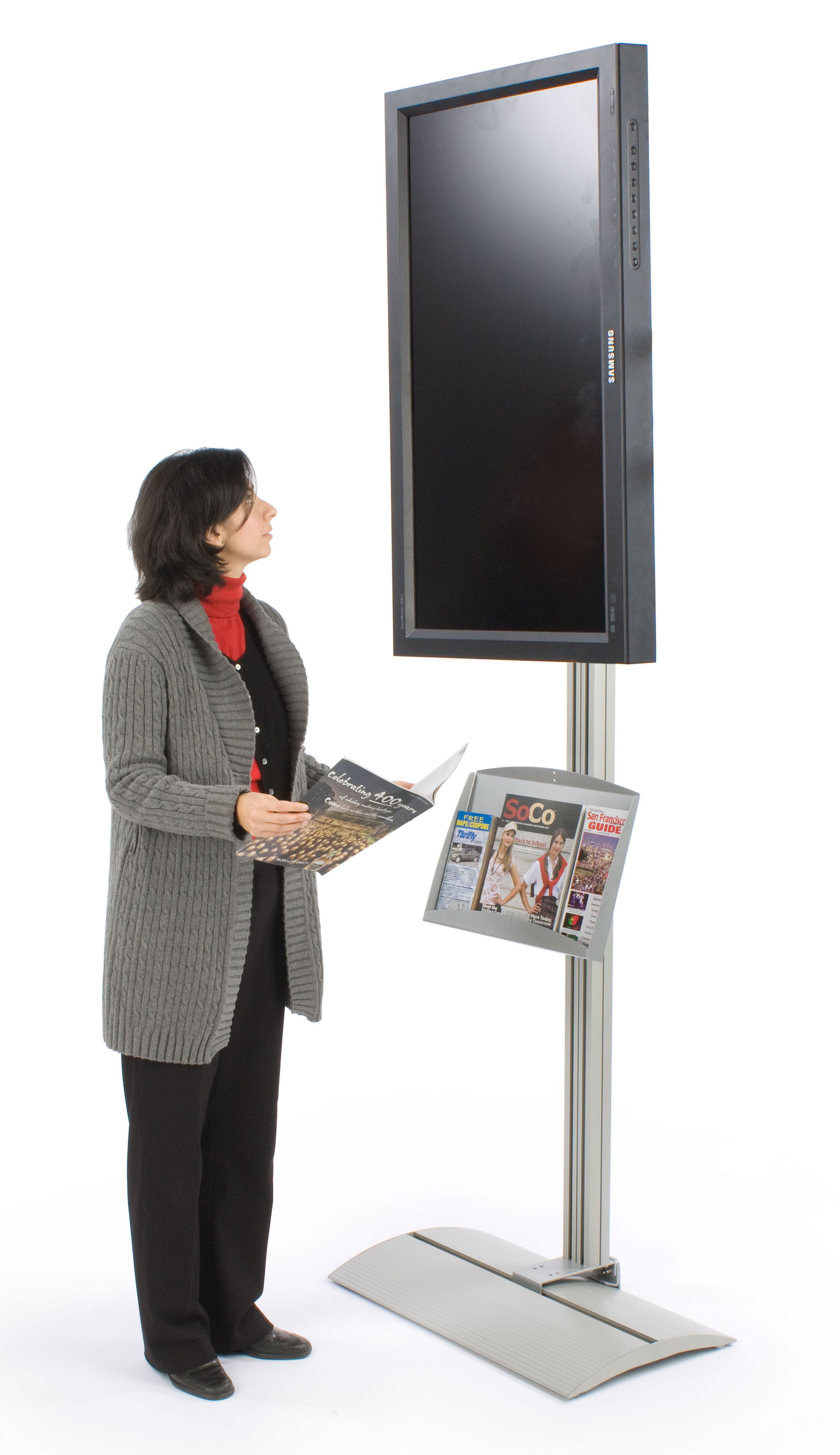 This Screen stand has a metal pocket to hold brochures or magazines ...