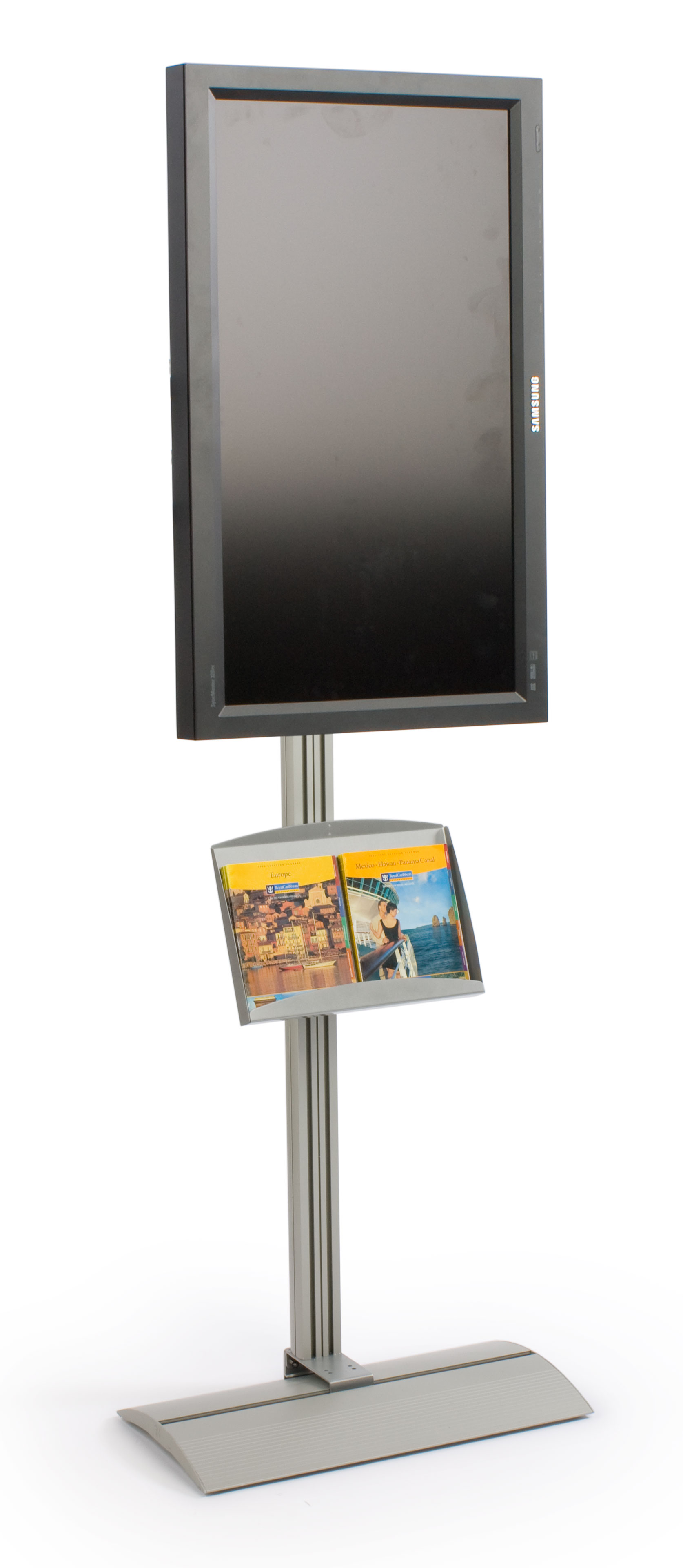 This Screen stand has a metal pocket to hold brochures or magazines ...