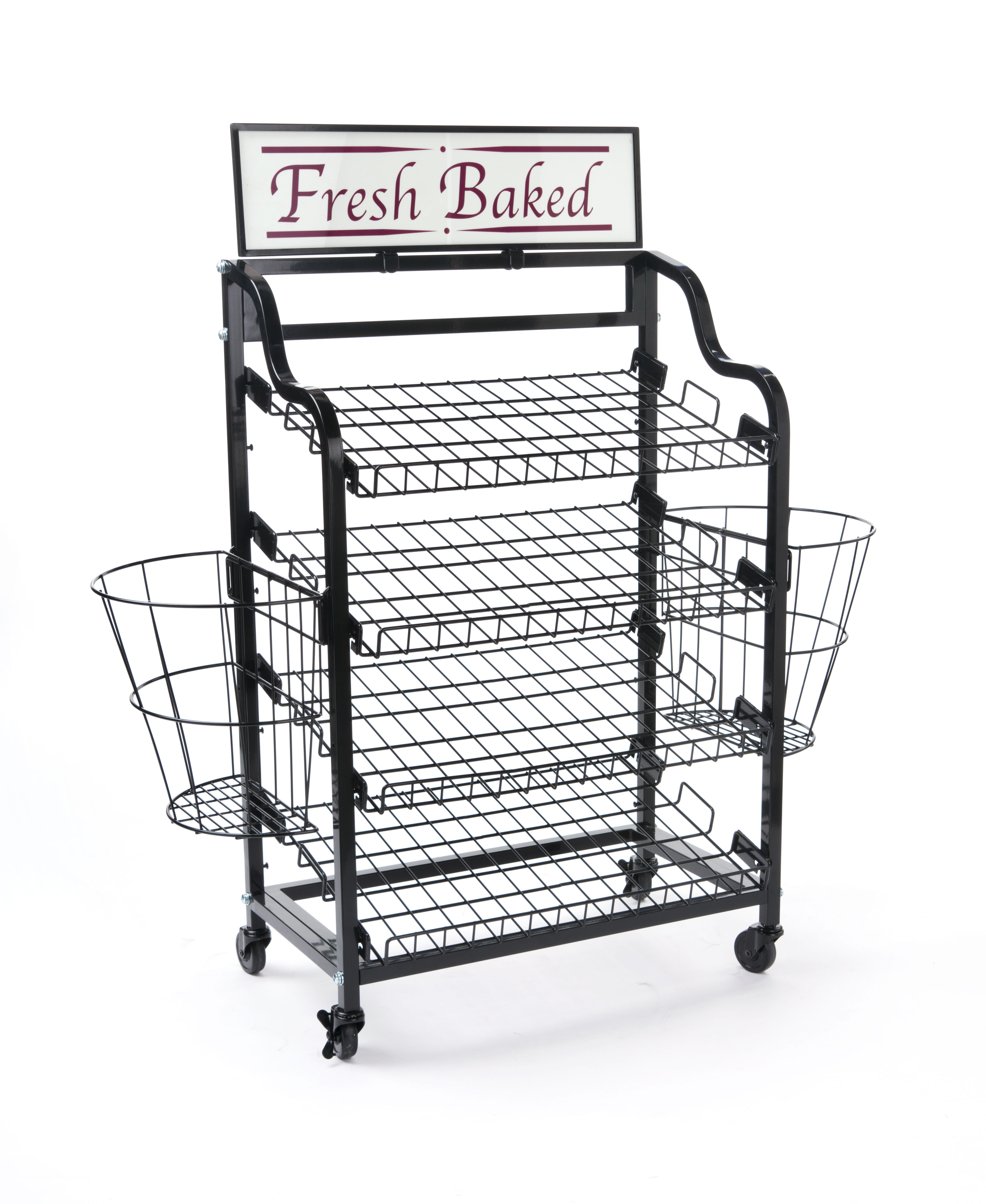 Bakery Display Rack w/ Wheels, 4 Shelves, 2 Side Baskets & Header - Black - Image 3