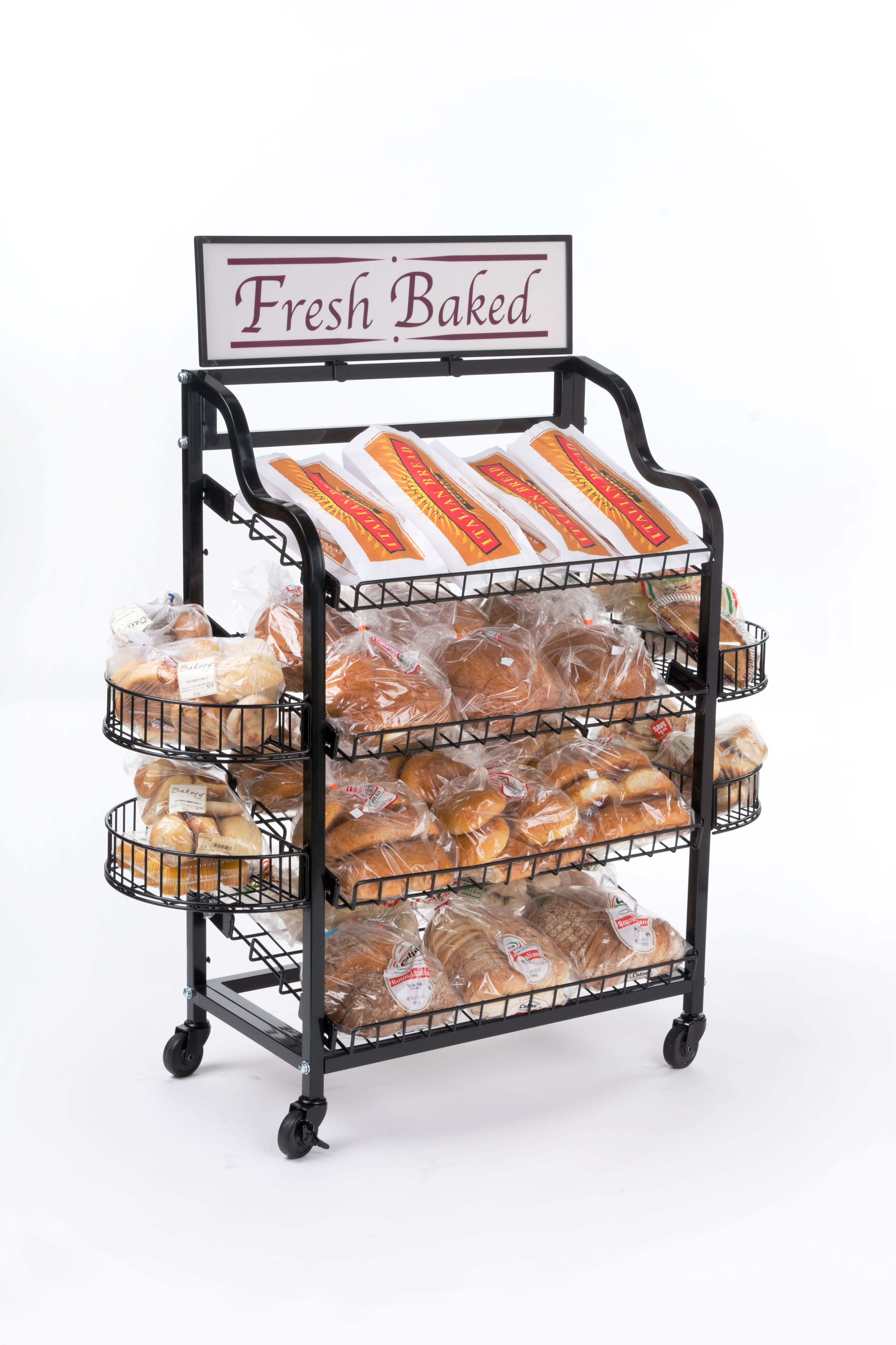Black Mobile Bread Rack | (4) Side Shelf Attachments | Displays2Go