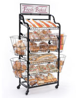 2 Side Baskets for Baguettes, Sign Holder Options Displays2go “Fresh Baked” Bakery Merchandiser with Adjustable Shelves, 2 Black Locking Wheels 