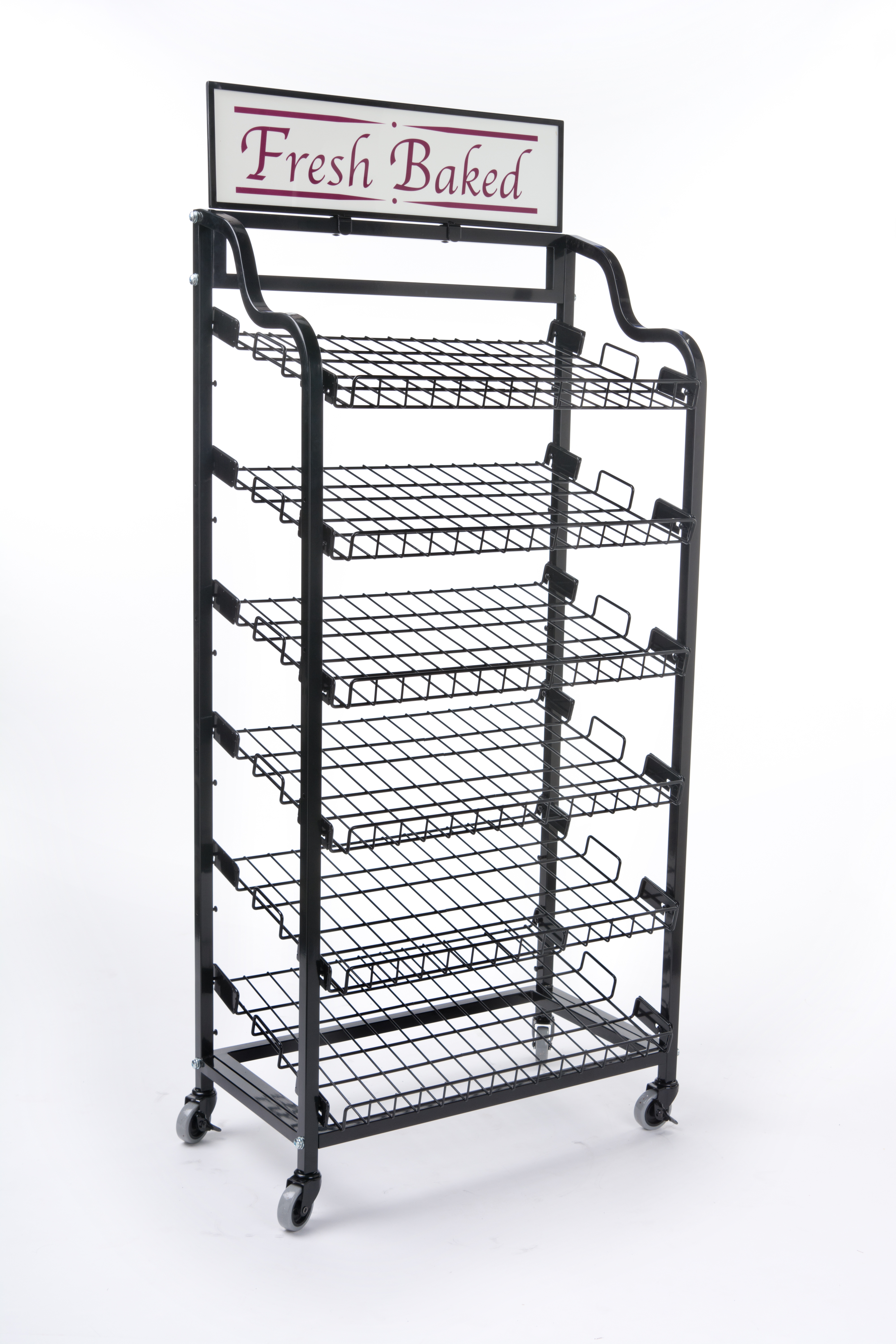 Bakery Display Rack w/ Wheels, Adjustable Shelves & Header - Black - Image 2