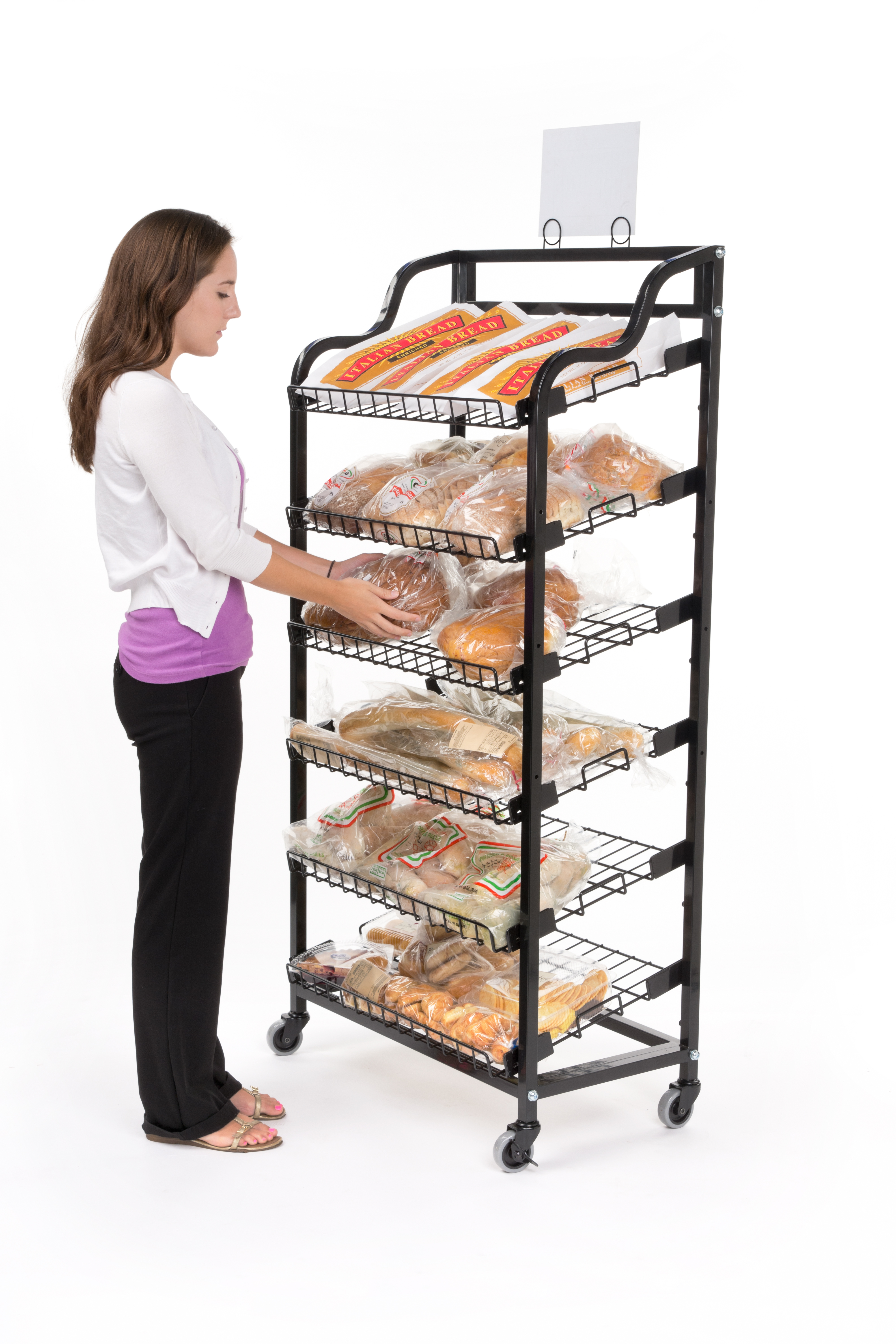 Bakery Display Rack w/ Wheels, Adjustable Shelves & Header - Black - Image 4