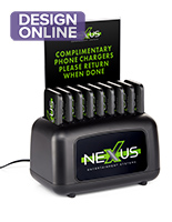 Branded tabletop cell phone charging dock with nine battery packs.