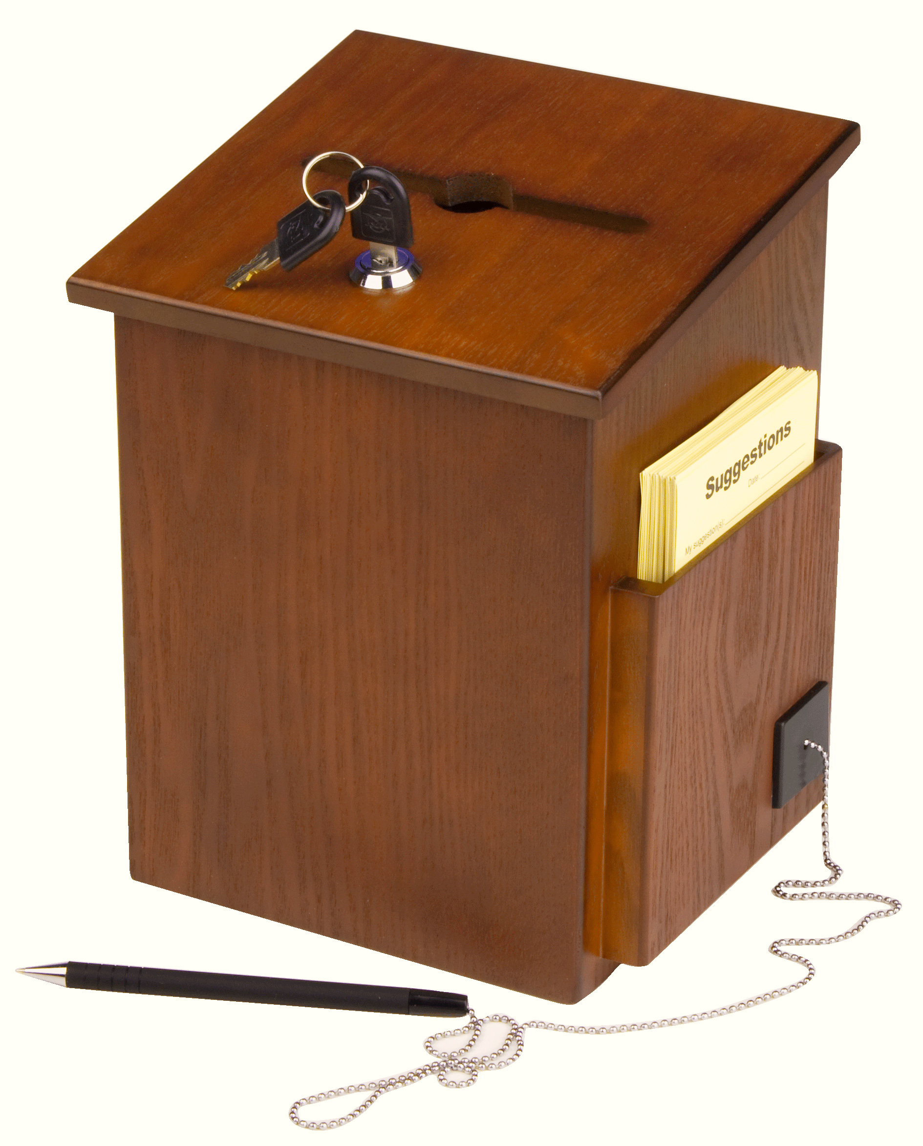 Wooden Ballot Box w/ Side Pocket, Pen & Lock, Wall or Countertop - Oak - Image 2