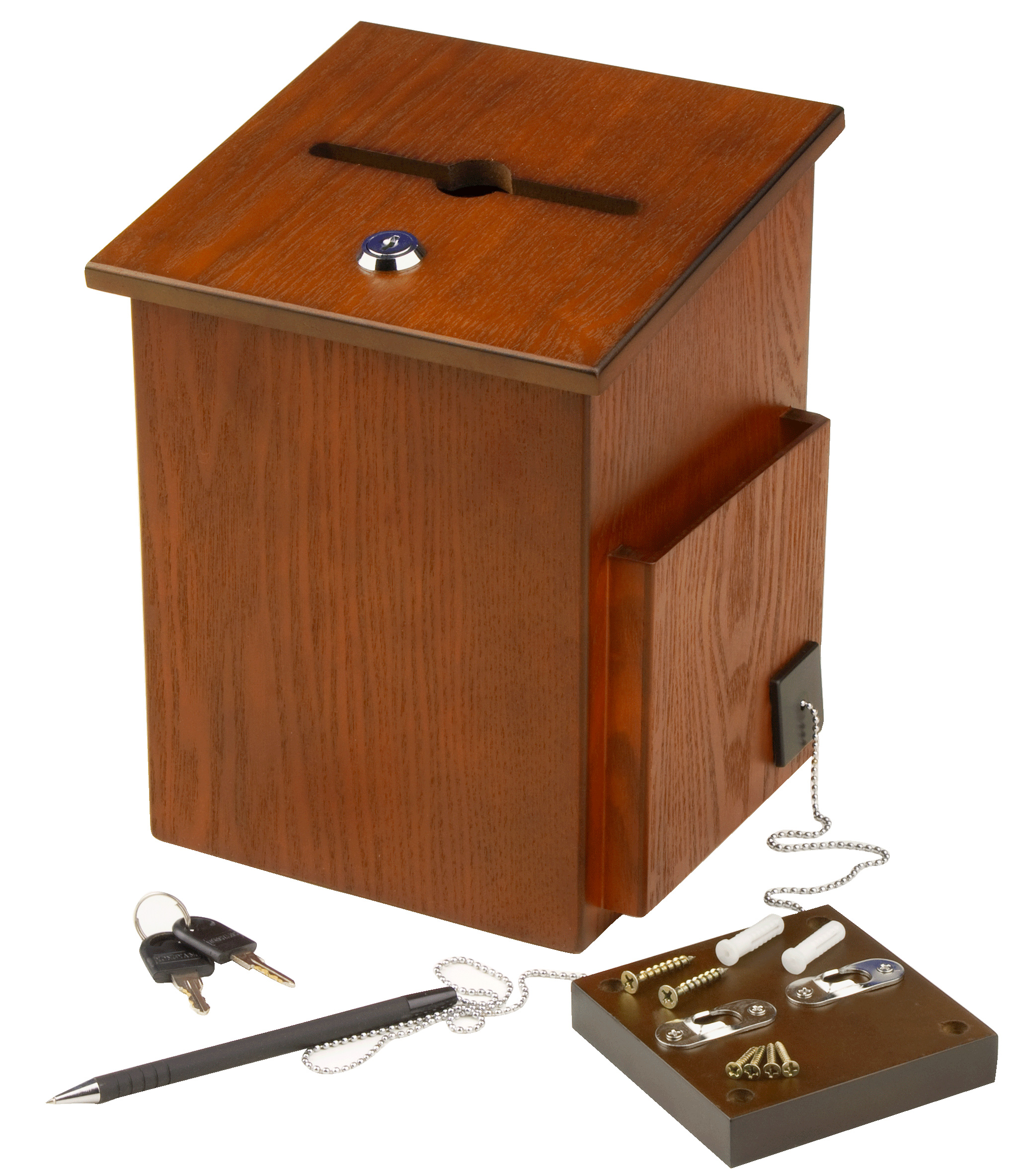 Wooden Ballot Box w/ Side Pocket, Pen & Lock, Wall or Countertop - Oak - Image 3