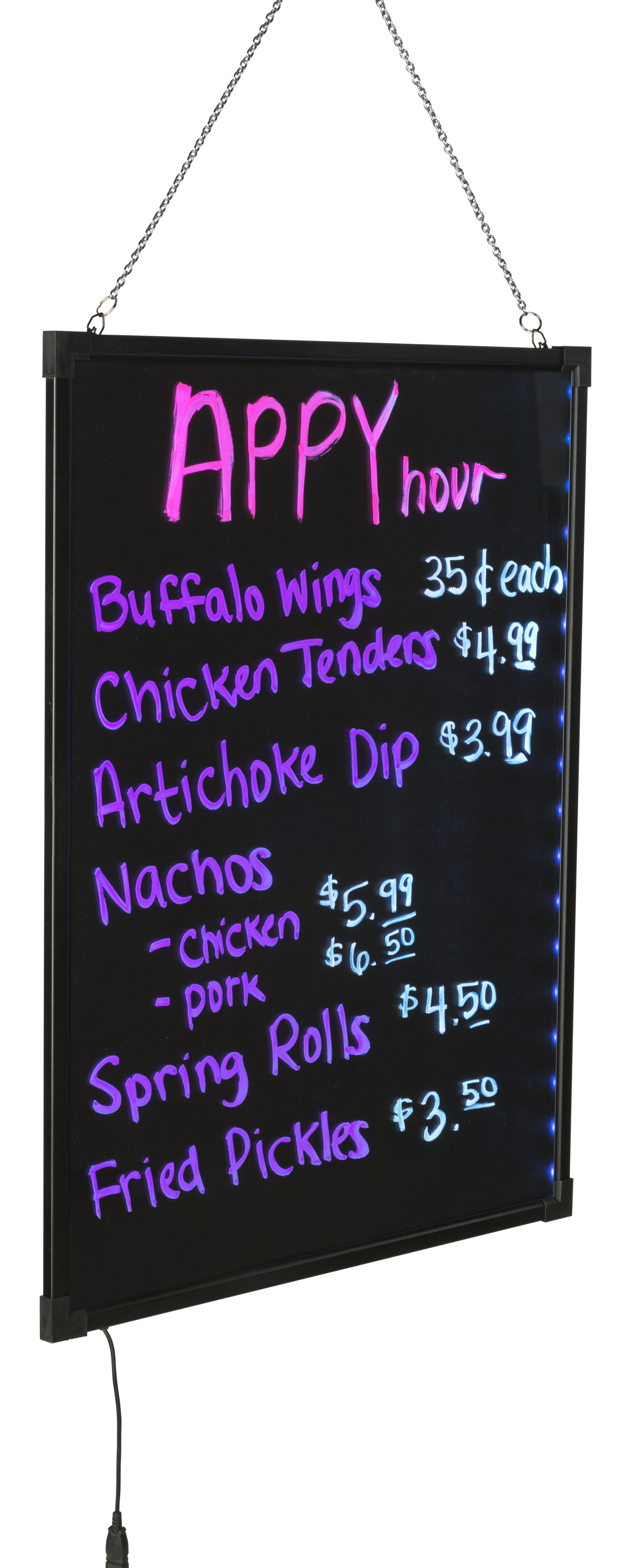 LED Glass Write-On Board | 20 Lighting Features Hanging Panel | Displays2Go
