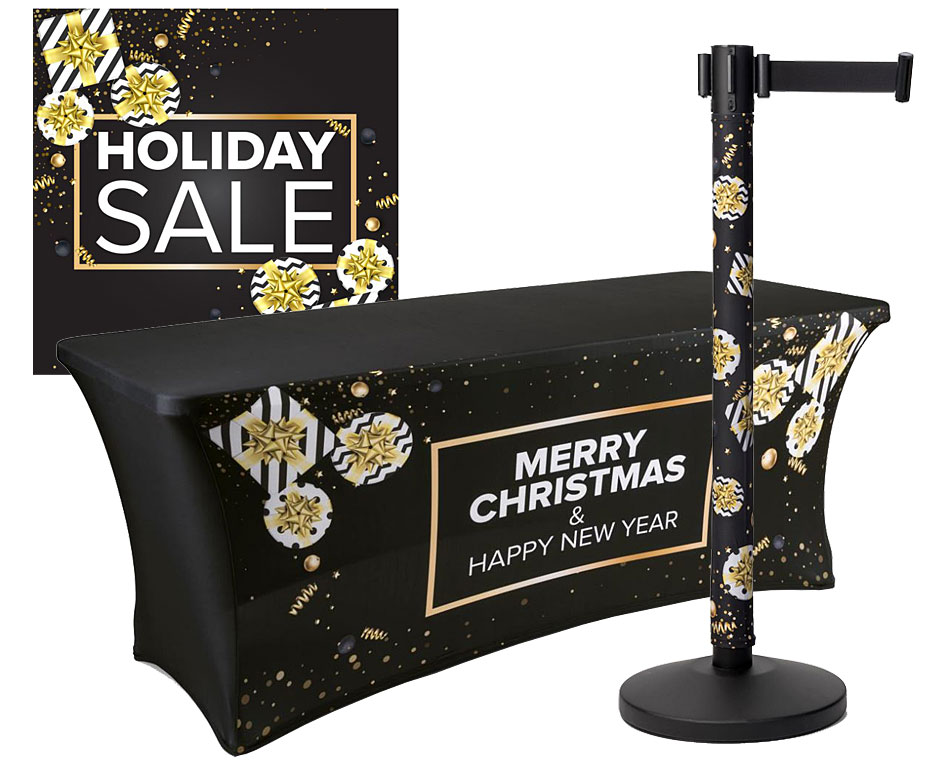 black and gold holiday advertising displays