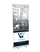 33"x80" retractable budget banner stand with silver base and custom graphics oblique view