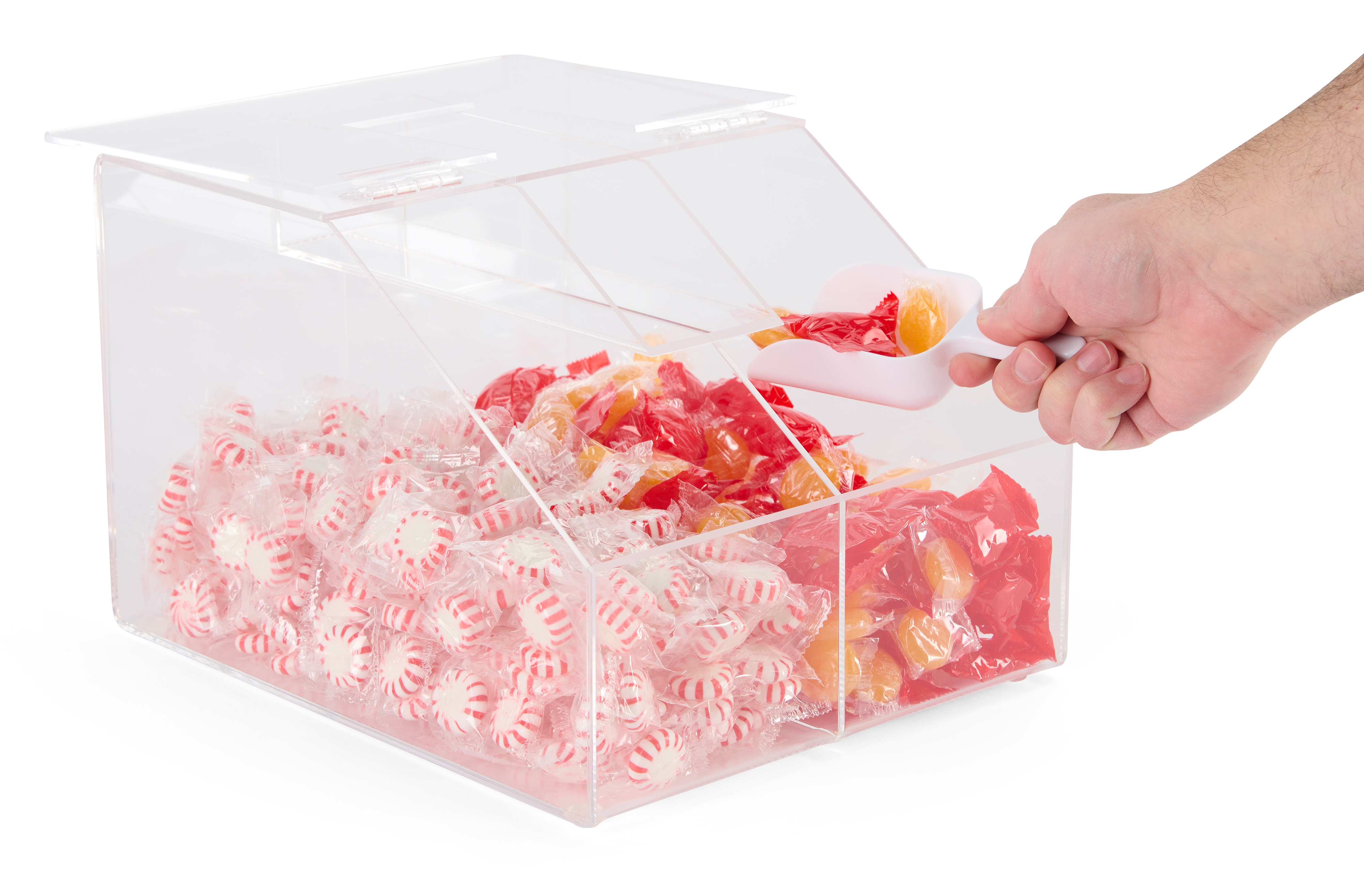 2.5 Gallon Recycled Acrylic Candy Bin, 2 Compartments, Scoop Holder - Image 6