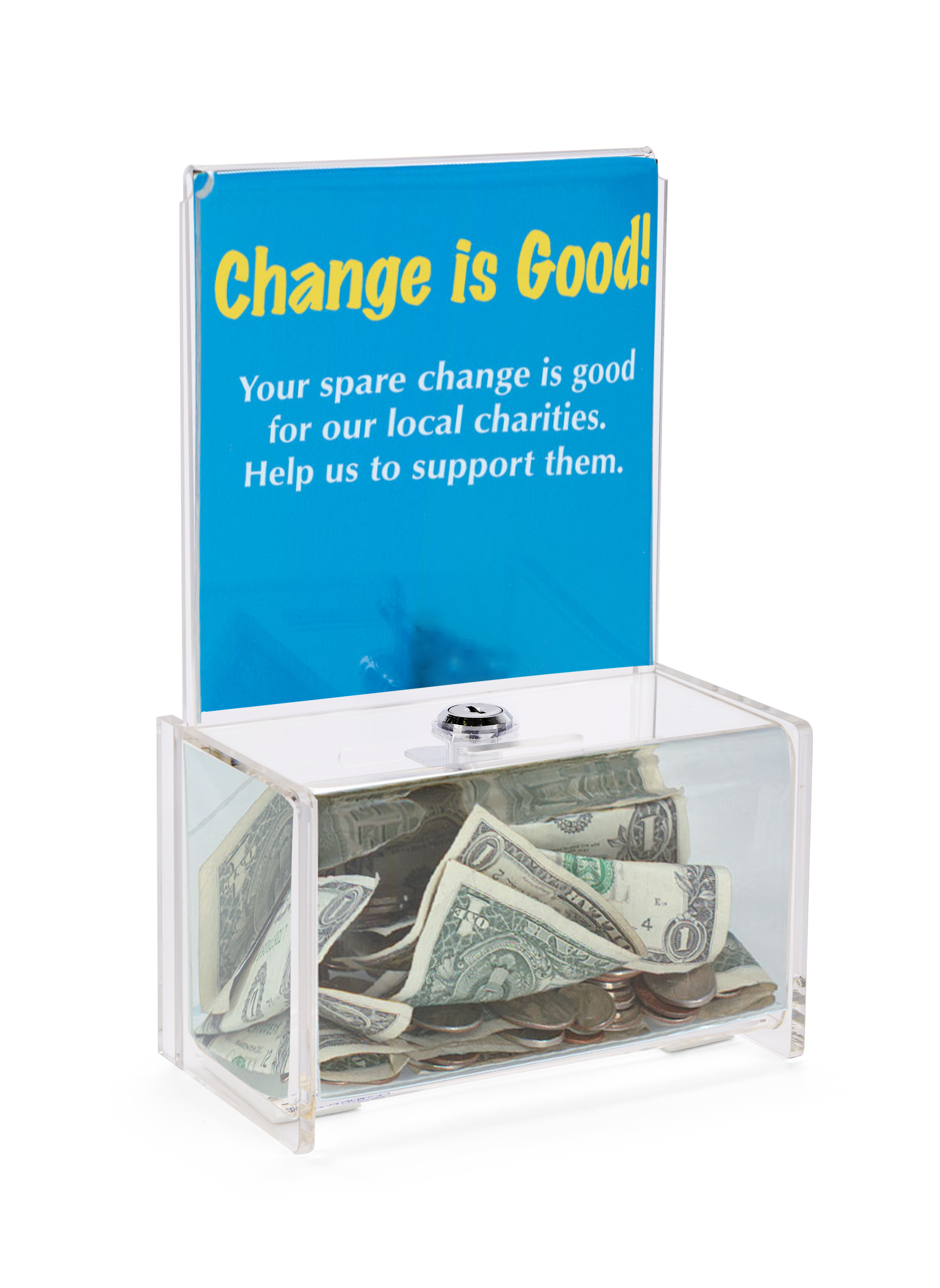 Recycled Acrylic Donation Box, Lockable, 6 x 6 Header - Clear - Image 4