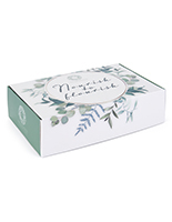 Custom-printed cardstock boxes ship in packs of 8 