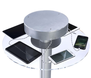 Tablet and mobile phone charging station with multiple ports.