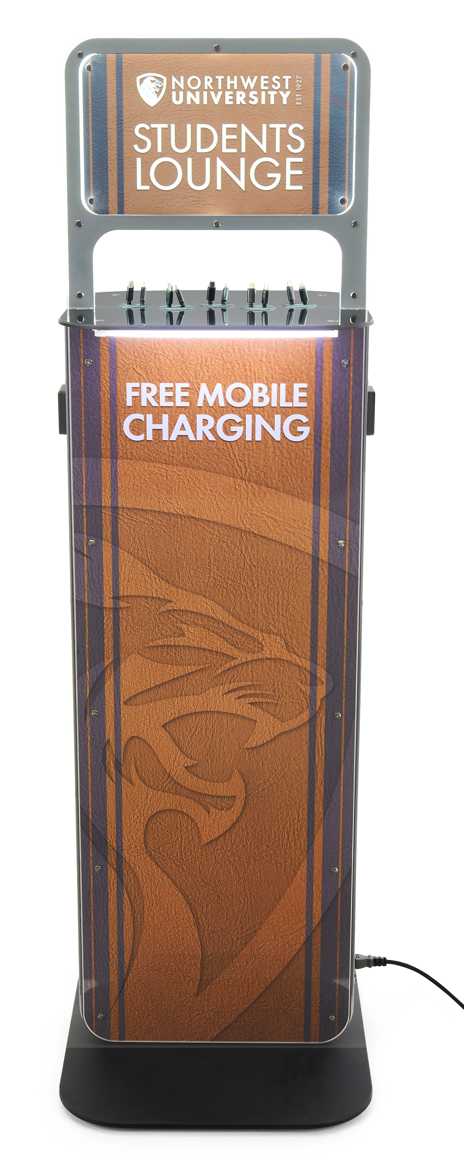 Charging Kiosk for Floor w/ Custom Graphics, 10 Cables, 2 Universal Outlets - Silver - Image 2
