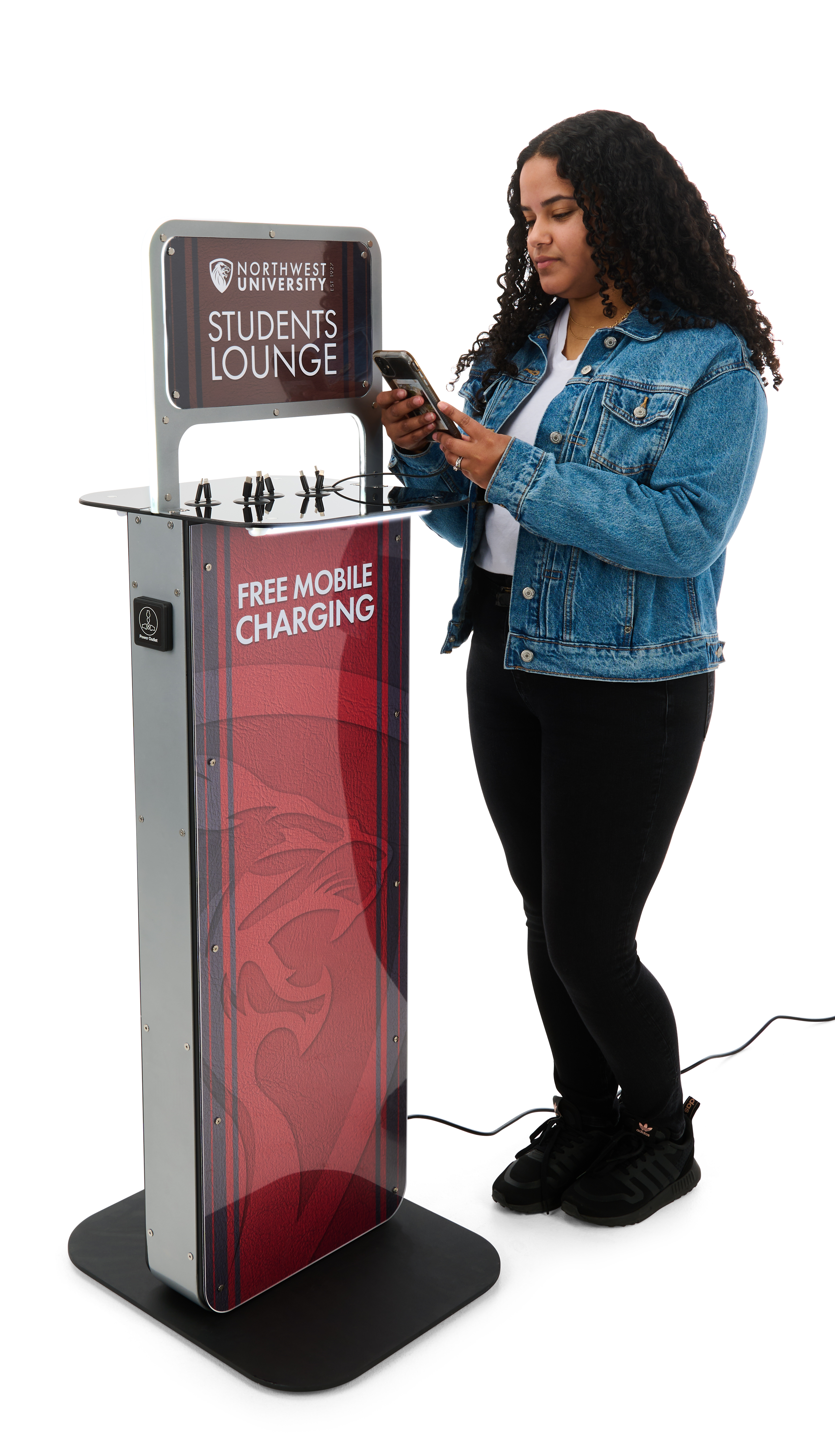 Charging Kiosk for Floor w/ Custom Graphics, 10 Cables, 2 Universal Outlets - Silver - Image 9
