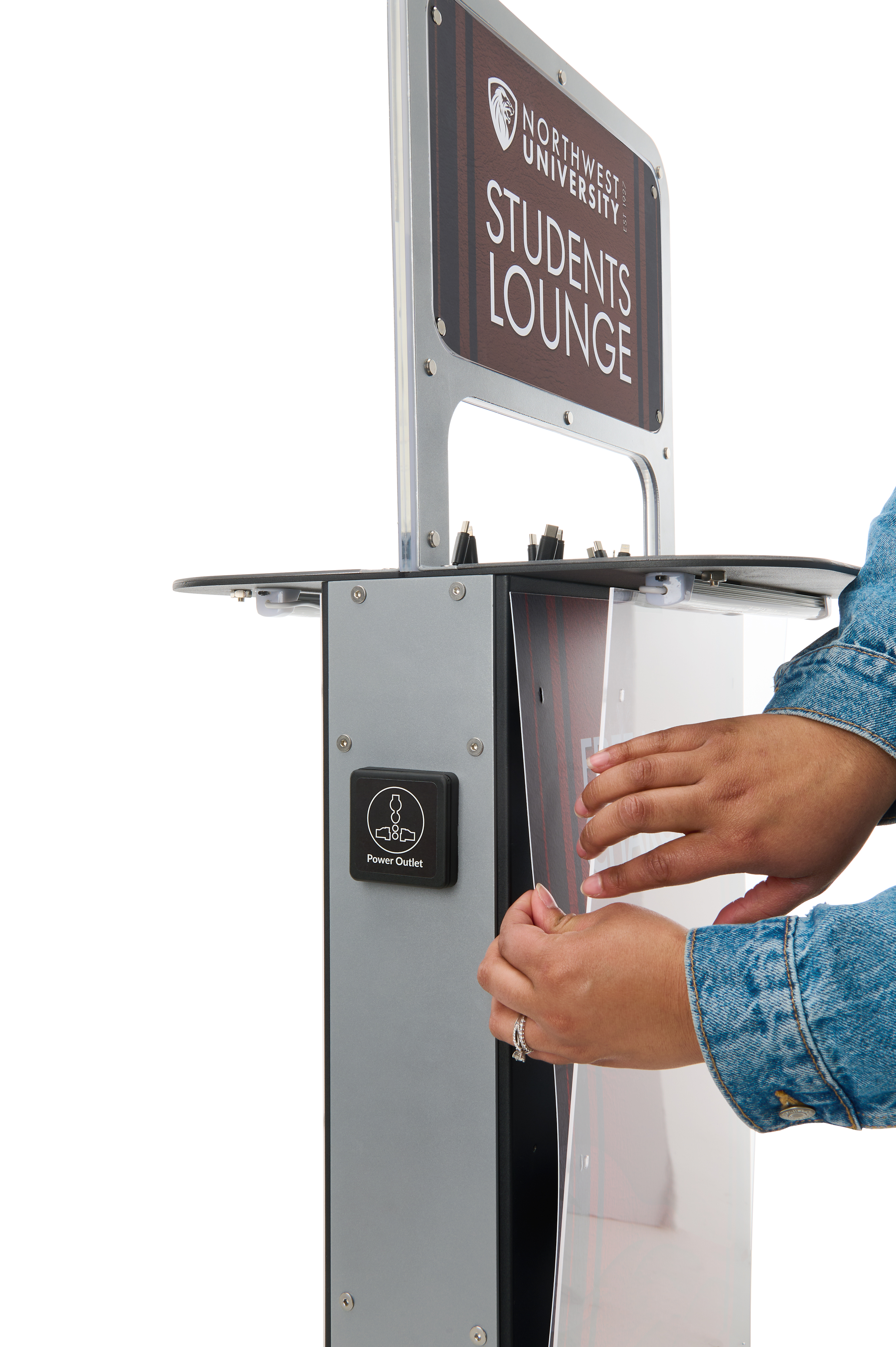 Charging Kiosk for Floor w/ Custom Graphics, 10 Cables, 2 Universal Outlets - Silver - Image 6