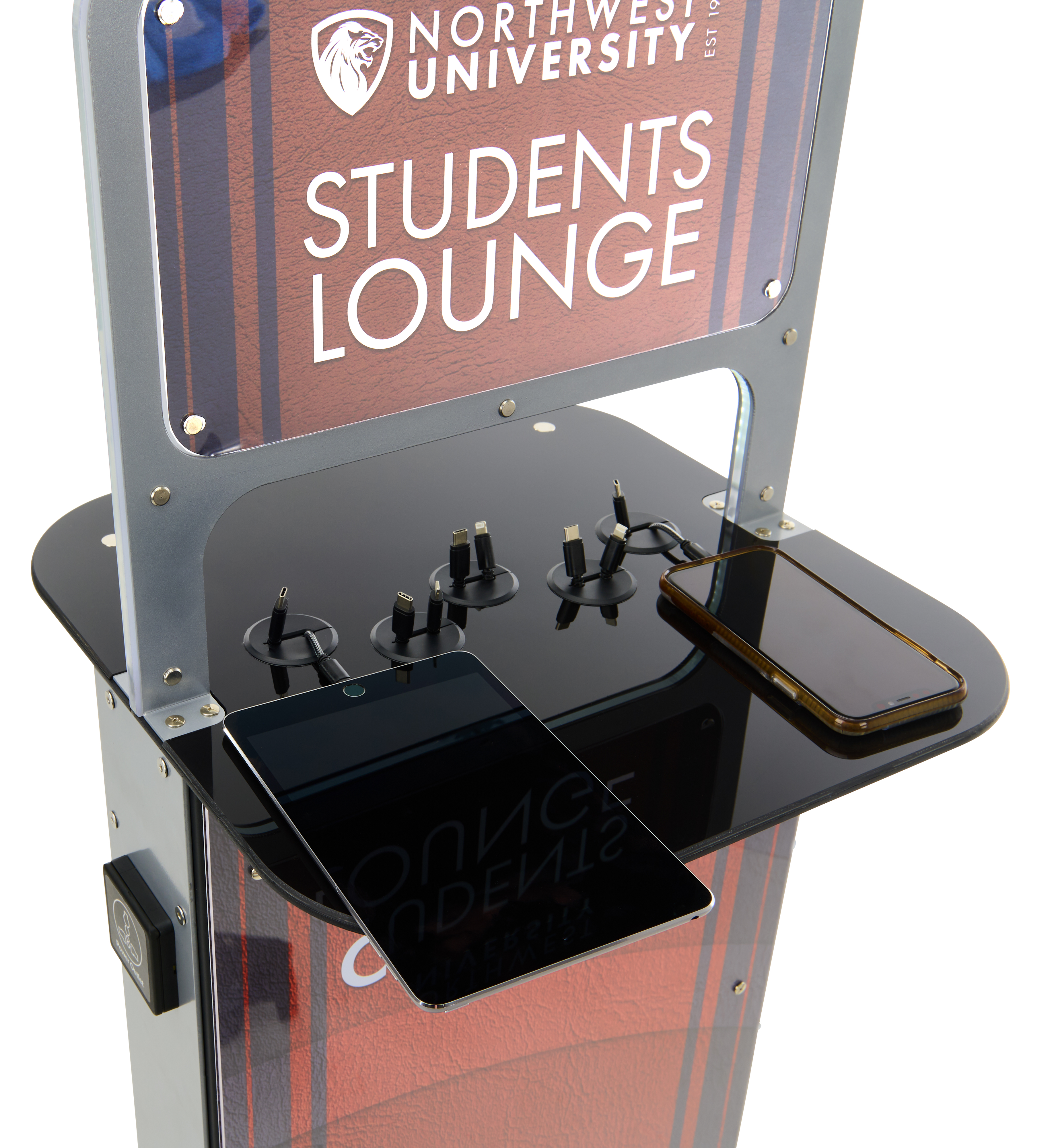 Charging Kiosk for Floor w/ Custom Graphics, 10 Cables, 2 Universal Outlets - Silver - Image 5