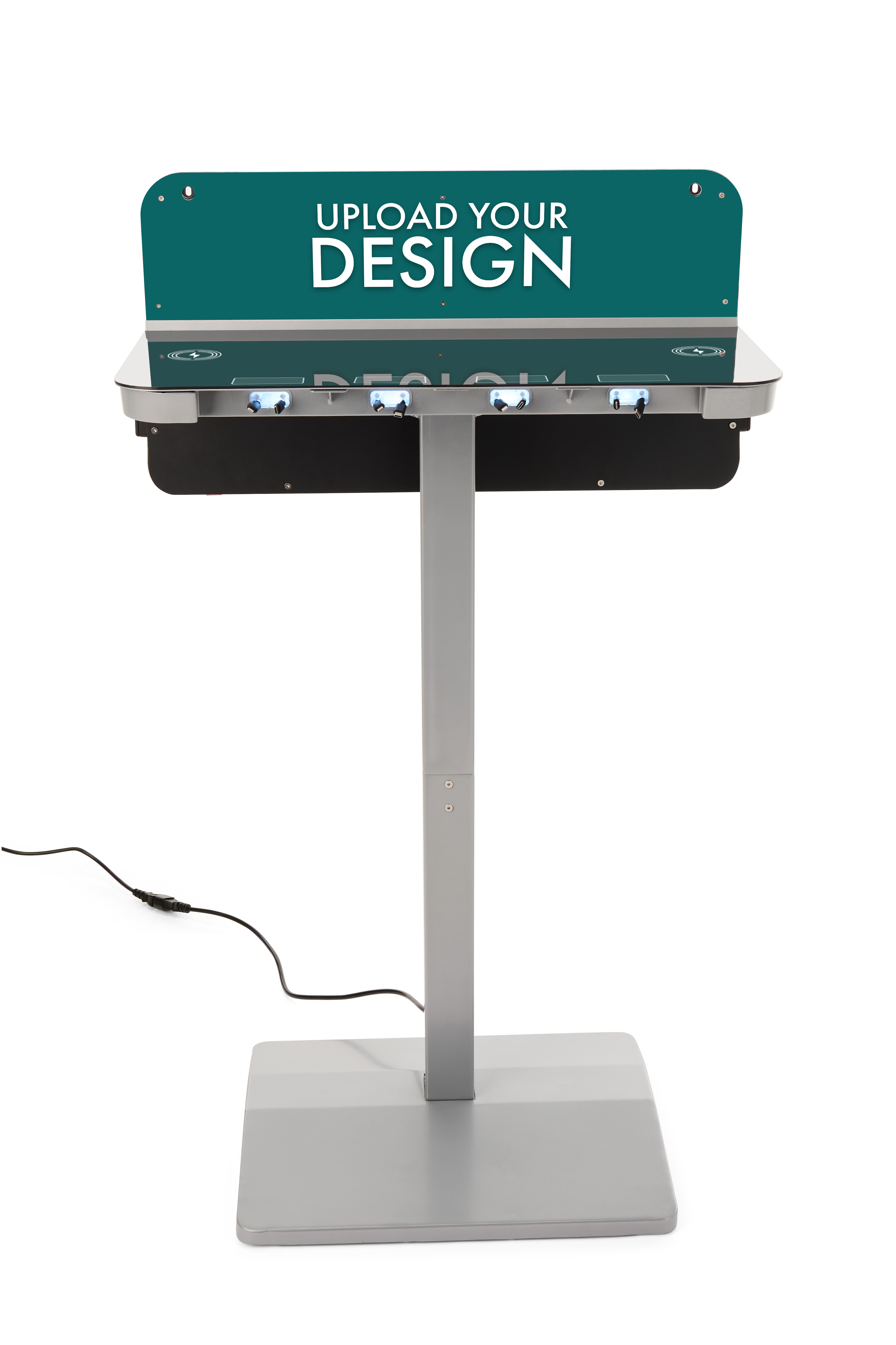 Charging Table for Wall/Floor w/ Custom Graphics, 8 Cables, 2 Wireless Pads - Silver - Image 10