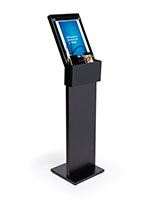black mobile charging station with floor sign holder for airport lounge