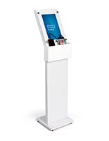 white cell phone charging station with 8.5 x 11 sign for reception area