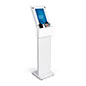 white cell phone charging station with 8.5 x 11 sign with Apple lightning charger