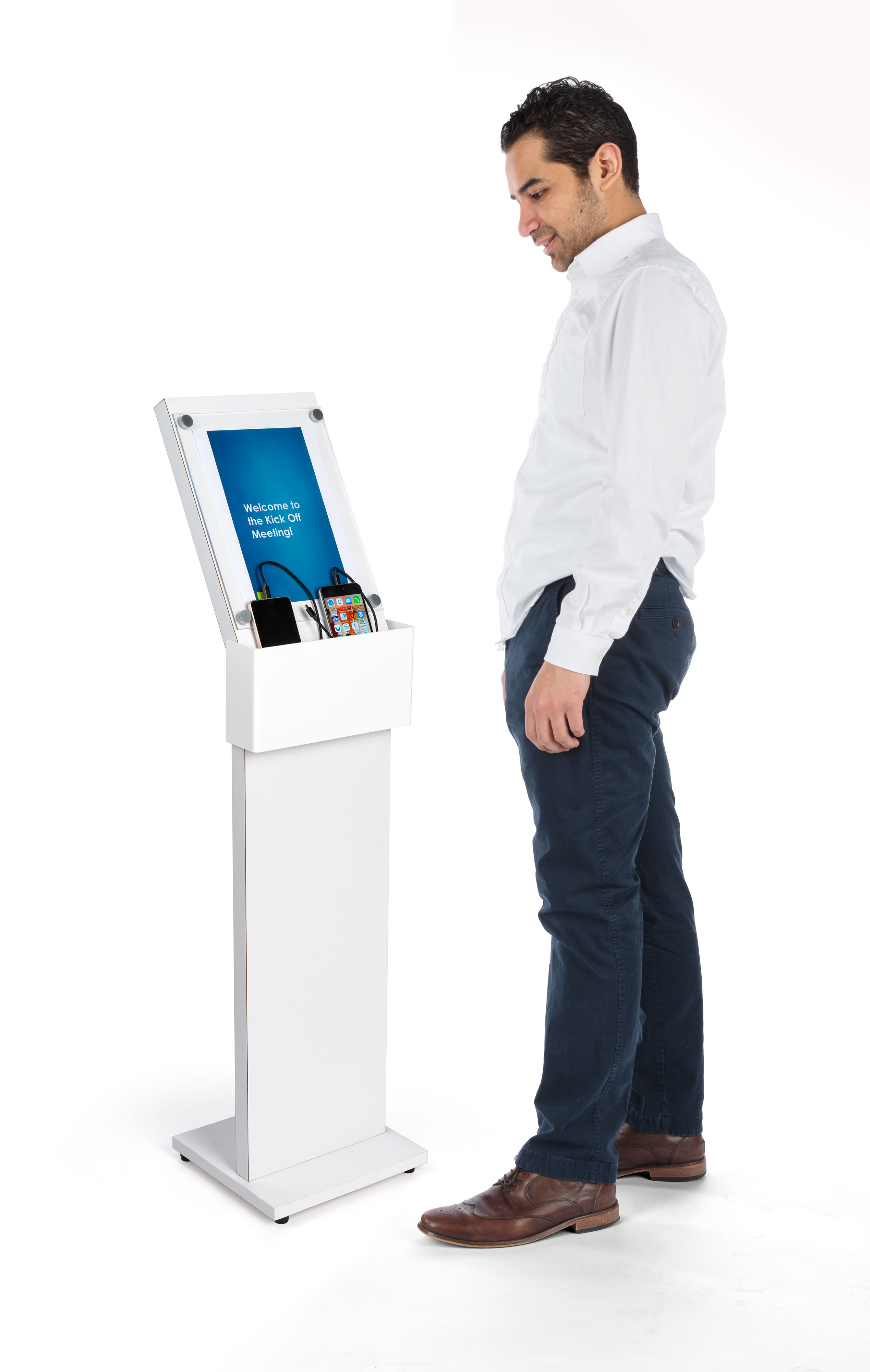Charging Kiosk for Floor w/ 8.5 x 11 Sign Holder, 3 Cables, 5 Device Capacity – White - Image 8