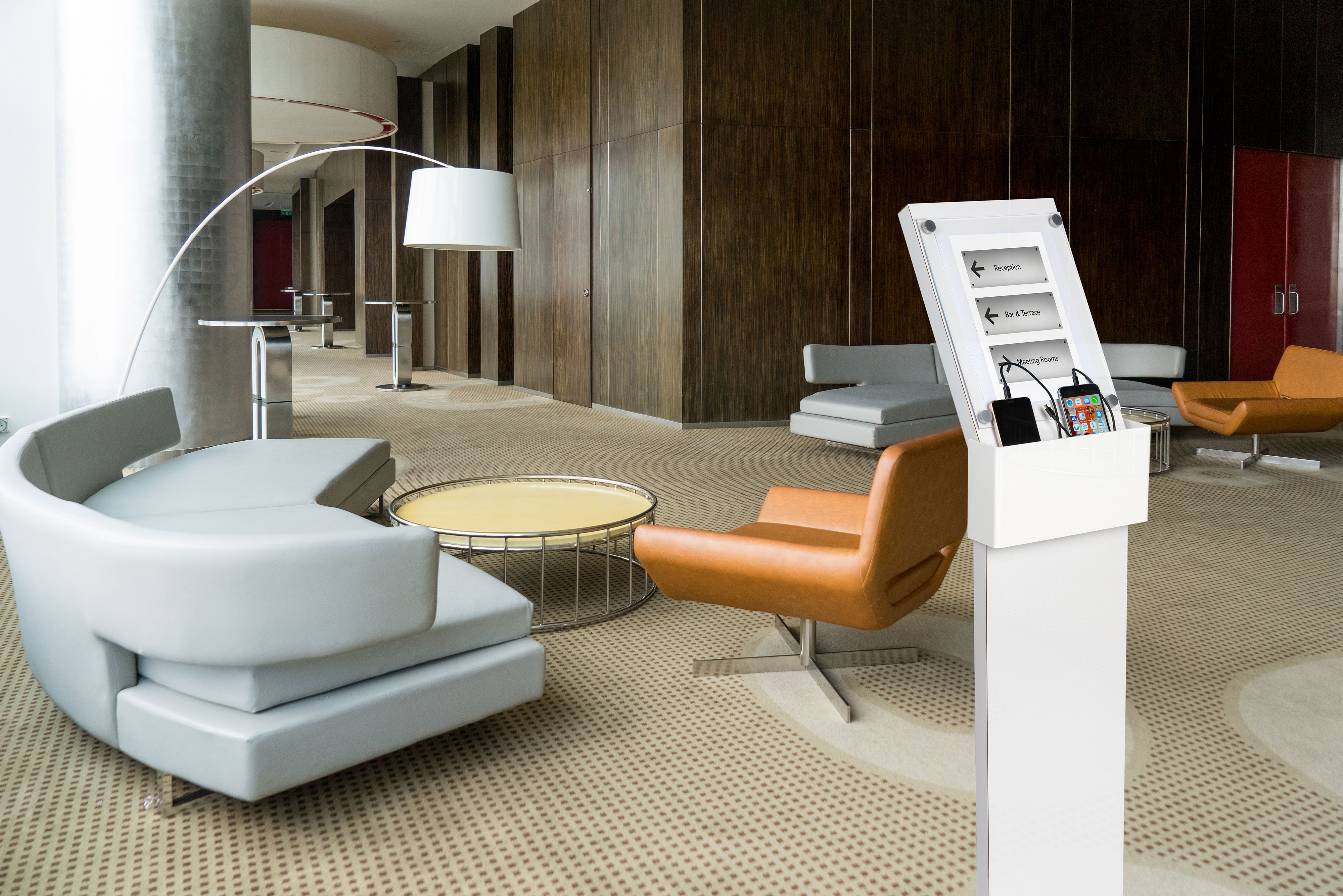 Charging Kiosk for Floor w/ 8.5 x 11 Sign Holder, 3 Cables, 5 Device Capacity – White - Image 2
