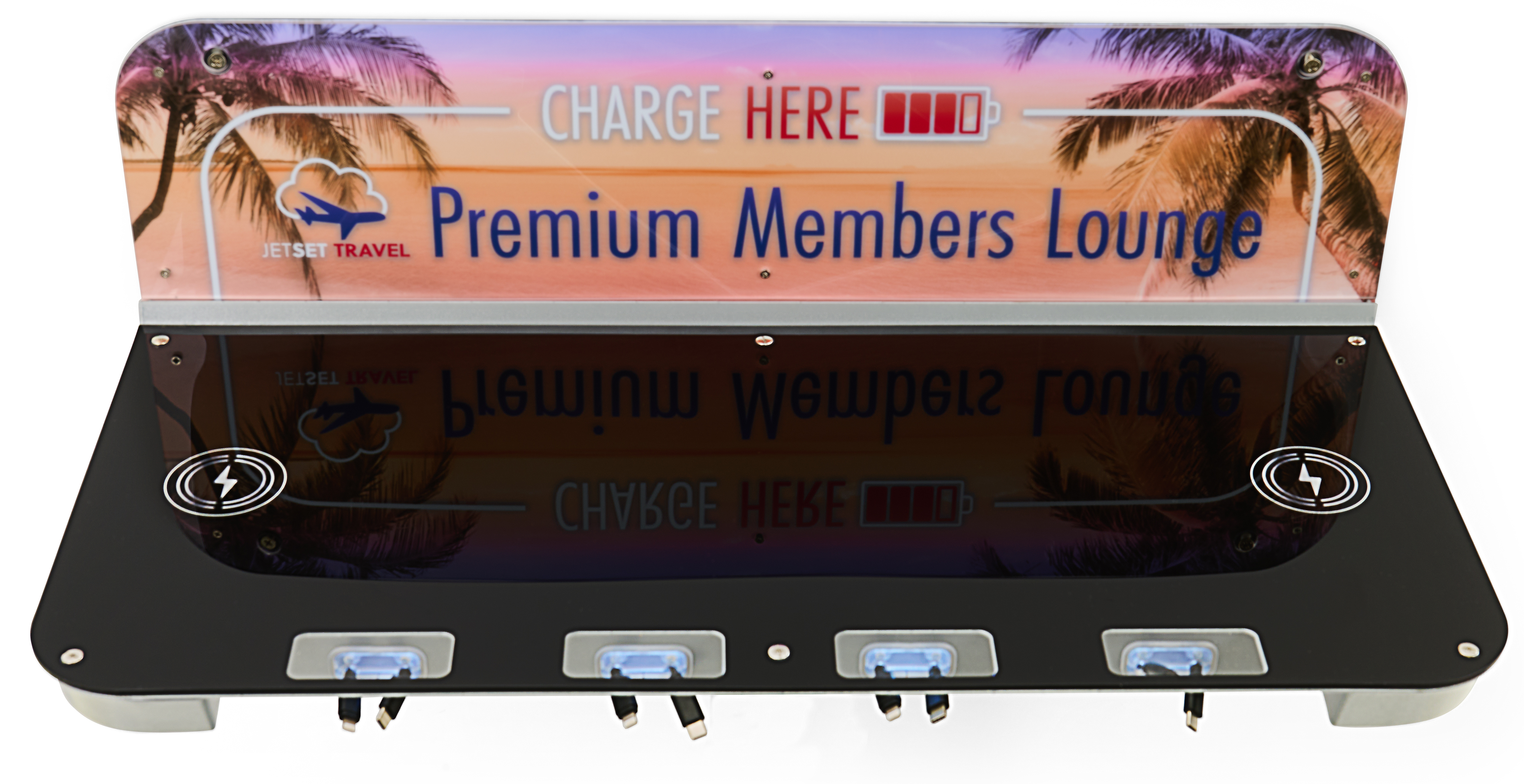 Charging Table for Wall/Floor w/ Custom Graphics, 8 Cables, 2 Wireless Pads - Silver - Image 3