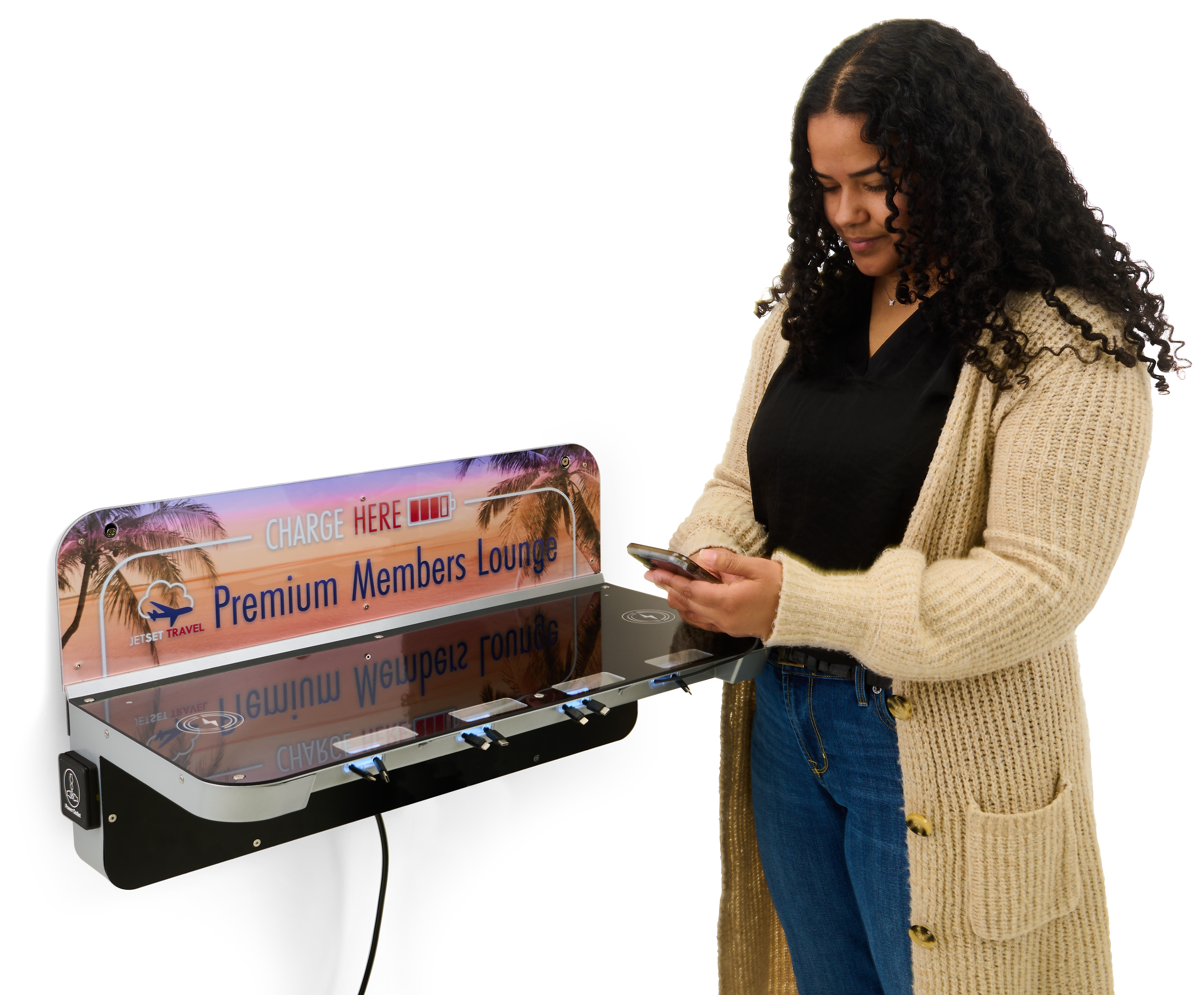 Charging Table for Wall/Floor w/ Custom Graphics, 8 Cables, 2 Wireless Pads - Silver - Image 5