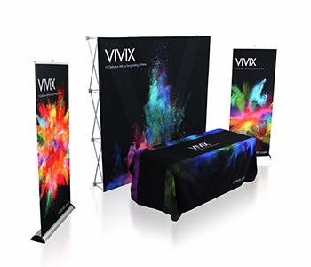 Trade show backdrop package with banner stands, table cover, and backdrop.