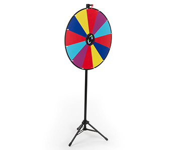 Floor standing prize wheel with multi-color panels.