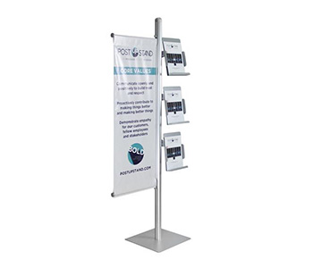 Floor standing literature holder with custom printed graphics.